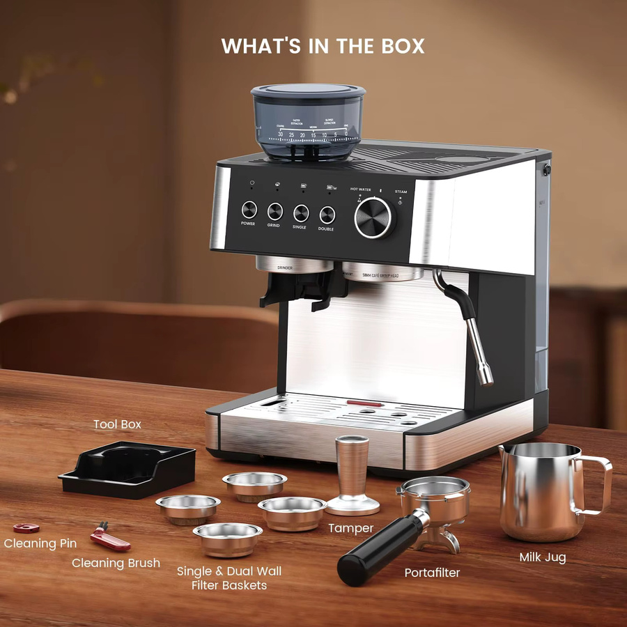 Acekool Espressomaschine mit integriertem Mahlwerk, 15 Bar Druck, 58 mm Siebträger, Dampfdüse und 2,3 l Wassertank, Schwarz-Silber - Bild 6