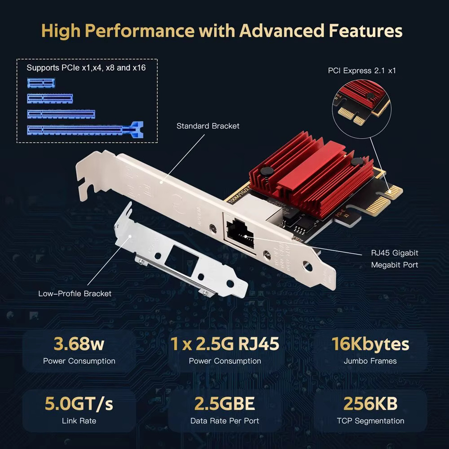 DERAPID 2,5G PCIe zu RJ45 Netzwerkadapter RTL8125B 100/1000/2500Mbps Gigabit Ethernet LAN Controller für PC Windows 10/11 - Bild 4