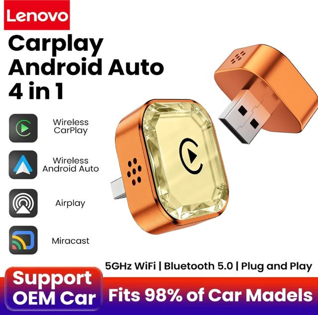 Lenovo 4-in-1 Wireless CarPlay und Android Auto Adapter in Gold mit Wi-Fi für Plug & Play Mirror Link Verbindung - Bild 1