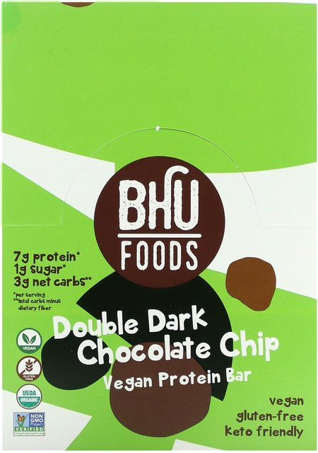 BHU Foods Veganer Proteinriegel Doppelte dunkle Schokoladensplitter 12 x 45 g - Bild 1
