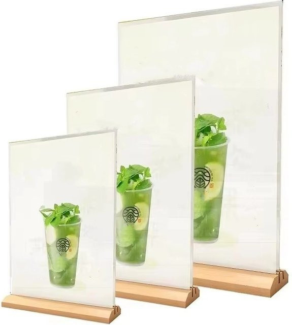 Menü Display Stand aus transparentem Acryl mit Holzbasis für Restaurants, Home Office und Shops - Bild 1