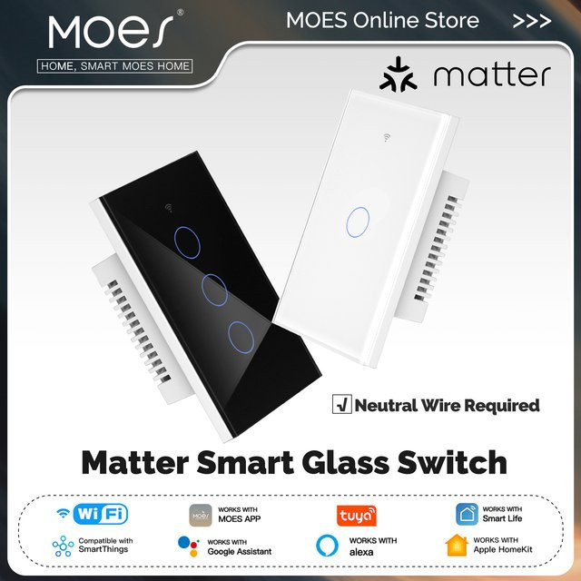 MOES Smart Licht Schalter aus Glas mit Tuya WiFi und Matter Unterstützung, Touch Panel in Weiß/Transparent, kompatibel mit Alexa, Google Home und Apple Homekit, erfordert Neutralleiter - Bild 1