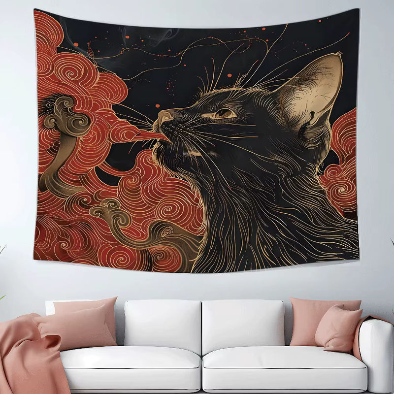 RoarGosh Wandteppich aus Textil mit japanischer Ukiyo-e Kunst, Katze und Wellen-Motiv, Mehrfarbig, Breite: 70 cm, Höhe: 70 cm - Bild 5