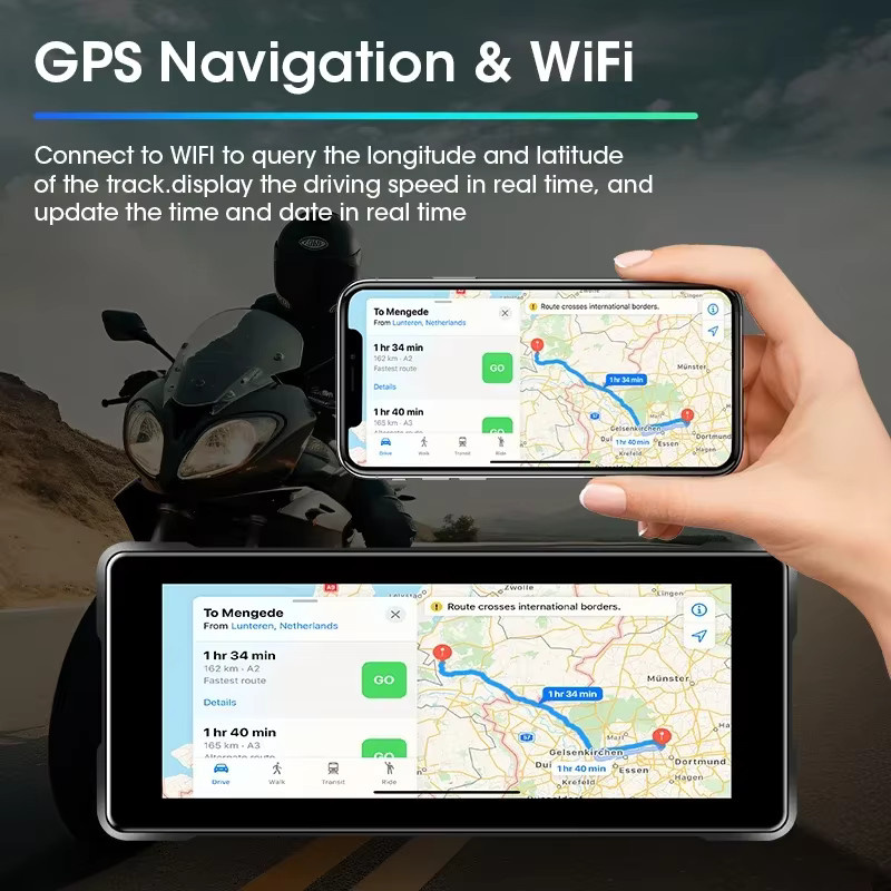 srnubi Motorrad DVR mit GPS Navigation und 6,86 Zoll Display, 1080P Full HD Kamera, kabelloses CarPlay und Android Auto, wasserdichter Monitor in Schwarz - Bild 6