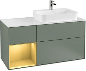V&B Waschtischunterschrank Finion in Olivenmatt mit Regal links, Breite: 120 cm, Tiefe: 50,1 cm, Höhe: 50,1 cm - Bild 1