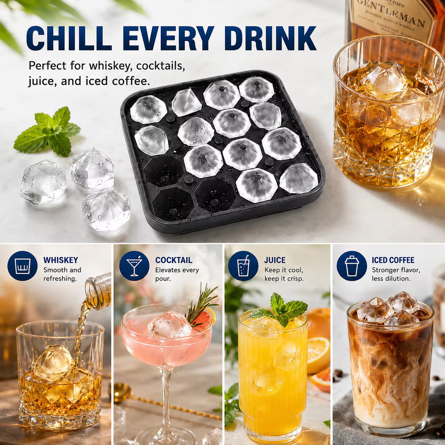 PGY Diamant-Eiswürfelform aus Silikon in Schwarz, 16-fach Eisform für Whiskey-Cocktails und Sommergetränke - Bild 6