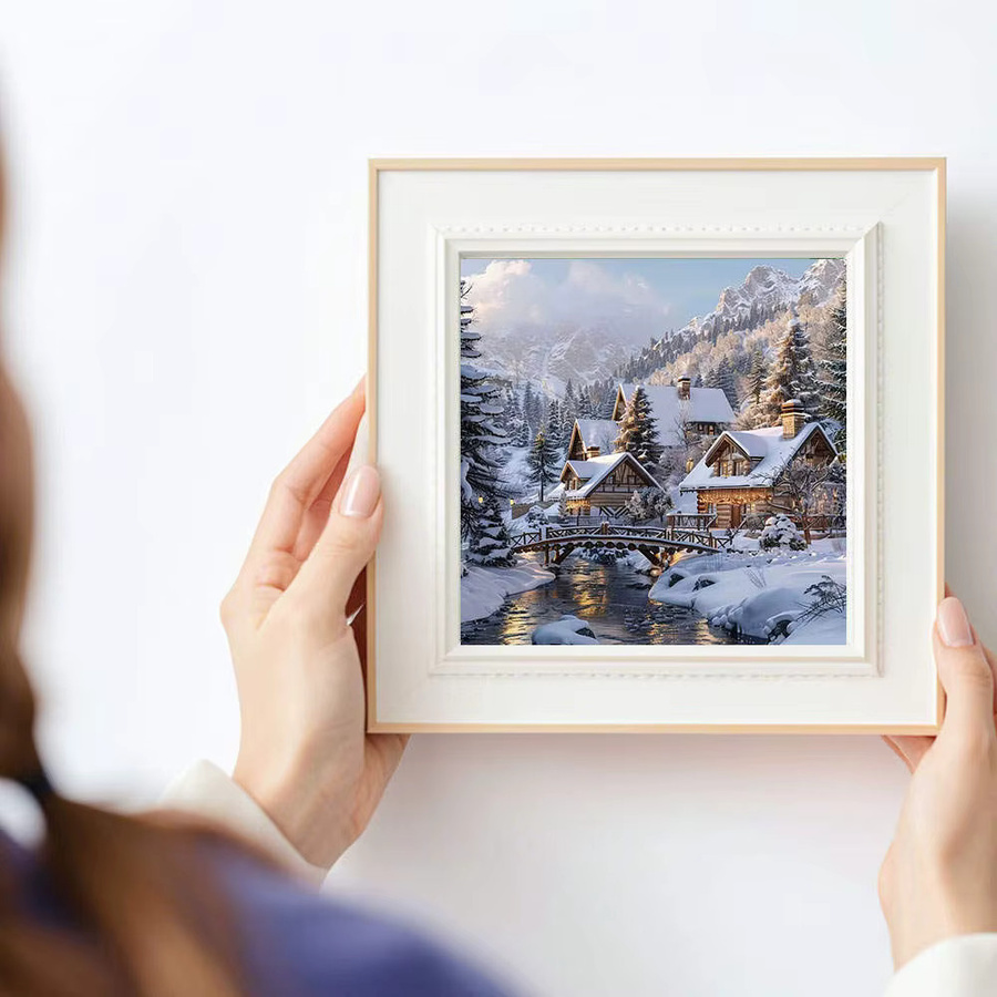 HUACAN 5D Diamant-Malerei Set Winter-Hütte in verschneiter Landschaft, Mosaik-Bastelset mit vollen Rundsteinen, B/H: 20 x 20 cm - Bild 2