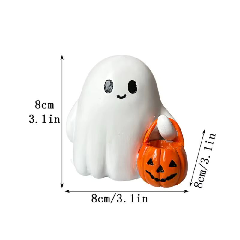Niedliche Halloween-Geisterstatue mit Kürbis aus weißem Kunstharz für die Dekoration in Innenräumen und im Garten - Bild 6