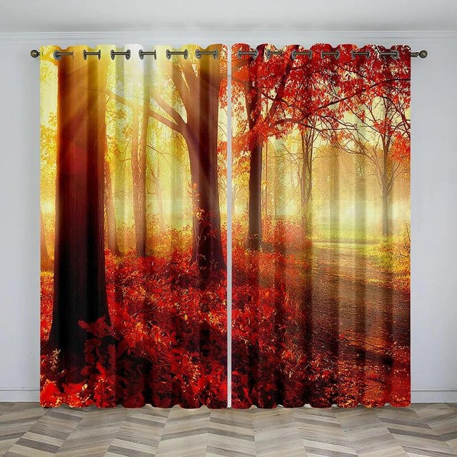 A Family Of Home Textiles 3D-Vorhang mit Herbstwald-Sonnenuntergang-Motiv aus Polyester, 2 Paneele, Mehrfarbig, Breite: 65 cm, Höhe: 165 cm - Bild 1