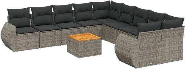 vidaXL 11-tlg. Garten-Sofagarnitur in L-Form aus Poly-Rattan mit Kissen in Grau - Bild 1