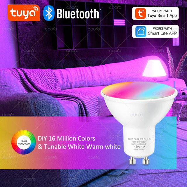 COOLO Smart LED-Glühbirne GU10 RGBW mit Tuya und Bluetooth, 5W dimmbar, Strahlerlampe für App- und Fernbedienung, AC 220V - Bild 1