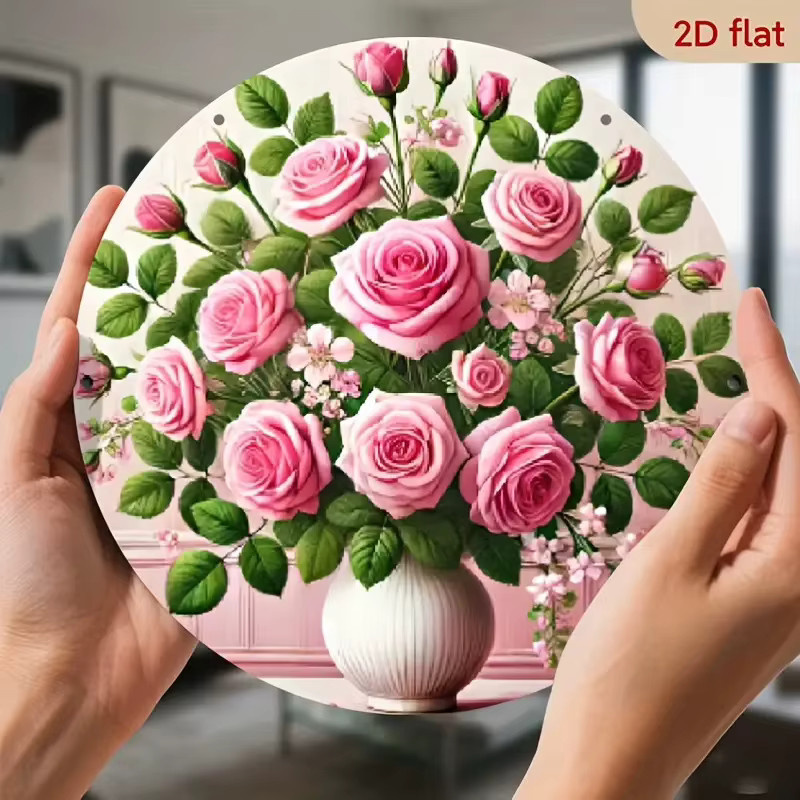 Potdemiel Elegante florale Metall-Wanddekoration in Form eines runden rosa Rosenstraußes, Farbe: Rosa und Grün, Durchmesser: 20,32 cm - Bild 5