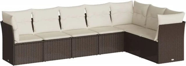 vidaXL 7-teilige Garten-Sofagarnitur in L-Form aus braunem PE-Rattan mit Kissen und Stauraum - Bild 1
