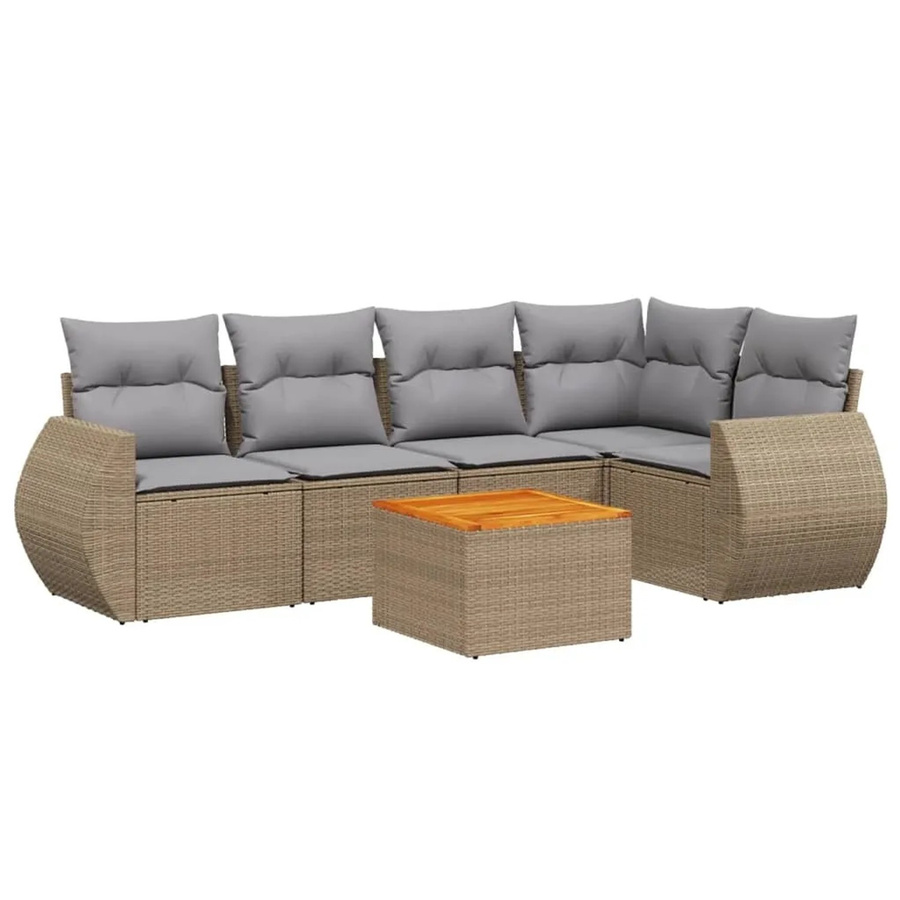 vidaXL 6-teilige Garten-Sofagarnitur in L-Form mit Kissen und Couchtisch, Beige, Poly-Rattan mit pulverbeschichtetem Stahlgestell - Bild 2