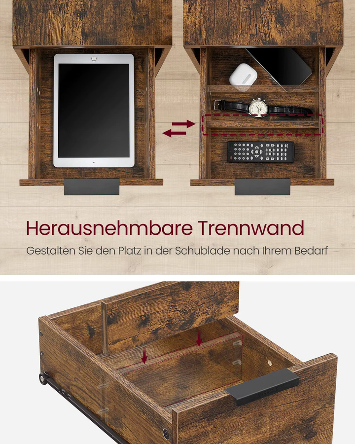 VASAGLE Beistelltisch mit Steckdosenleiste und 2 Schubladen im Industrial Design, Schwarz-Braun, B: 60 cm, T: 35 cm, H: 61 cm - Bild 4