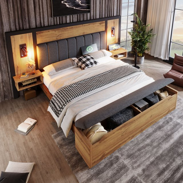 Gepolstertes Doppelbett in Braun mit LED-Beleuchtung, USB-C-Ladeport und Bettbank mit Stauraum, B/T: 180 x 200 cm - Bild 1