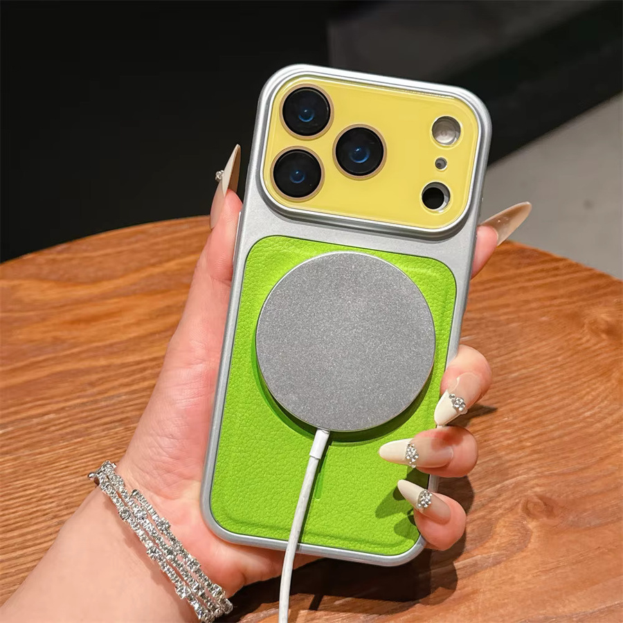 Xeber Litchi-Lederhülle mit großem Glasfenster und MagSafe Armor Bumper Plating Cover für iPhone in Orange - Bild 1