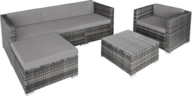 Tectake Rattan Lounge Milano Set in Grau für 4 bis 5 Personen mit Polyrattan, Stahlgestell und Sitzkissen, B/T/H: 66 x 76 x 65 cm - Bild 1