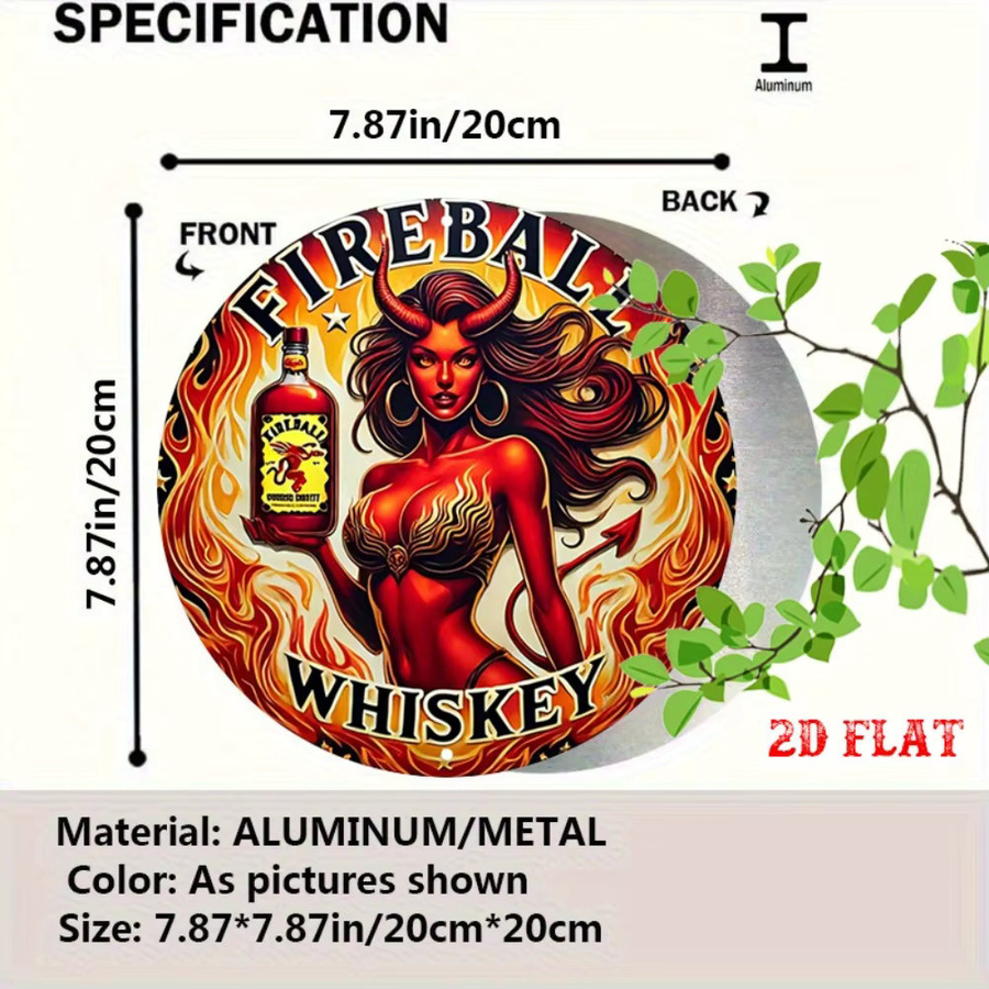 CIFBUY Vintage Pin-Up Art Metallschild mit rothaariger Teufelsfrau und Whisky-Flasche, rund, Mehrfarbig, Durchmesser: 20 cm - Bild 2