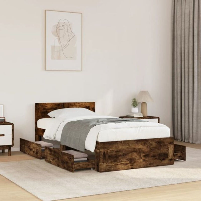 Vidaxl Bettgestell mit Kopfteil aus Holzwerkstoff in Räuchereiche Braun B/T/H: 190 x 75 cm - Bild 1