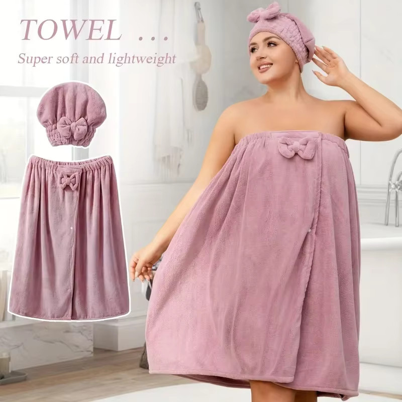 CH CACILLO Bademantel-Kleid in Übergröße mit Haarhandtuch, saugfähiges Wickel-Badekleid aus Korallen-Fleece in Purple - Bild 2
