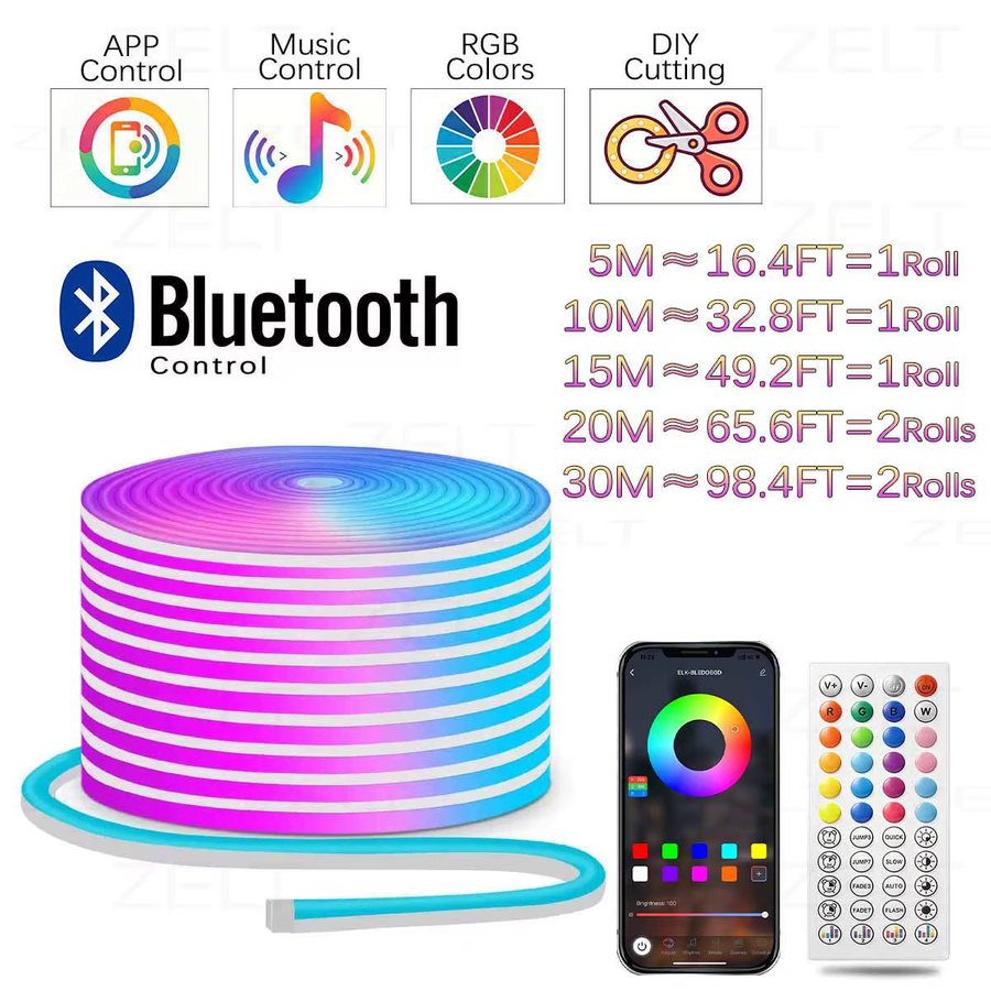 ZELT LED Neon-Flex RGB Lichtstreifen mit Bluetooth App-Steuerung und Musik-Synchronisation, wasserdichter flexibler Silikon Lichtstreifen in Multicolour, 24V - Bild 3