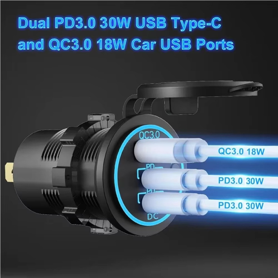 Wasserdichtes Dual PD QC 3.0 Autoladegerät mit USB-C und Schalter für 12V/24V Motorrad LKW Boot, 78W, Schwarz - Bild 3