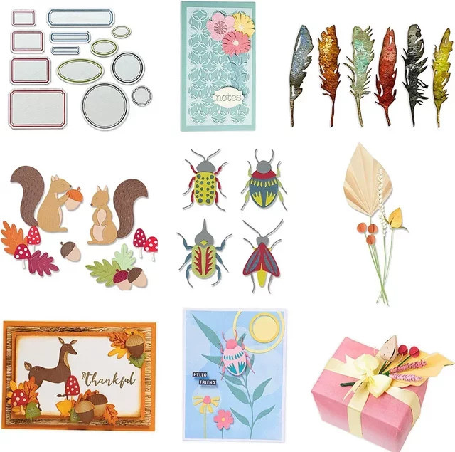 Metall Stanzformen für DIY Scrapbooking und Basteln mit floralen Zierstängeln, Eichhörnchen und Insektenmotiven, Multicolor - Bild 1