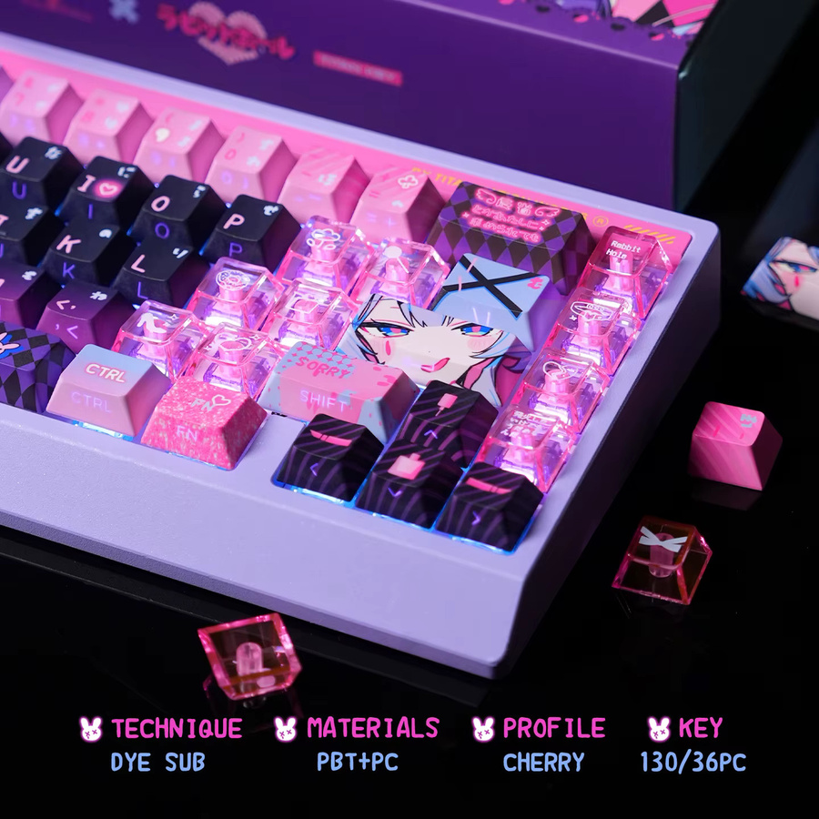 PBT Kaninchenloch-Tastenkappen mit Kirsch-Design und seitlicher Gravur, durchscheinend, Schwarz und Rosa, für Alice Iso-Layout, 2,25/2,75 HE - Bild 3