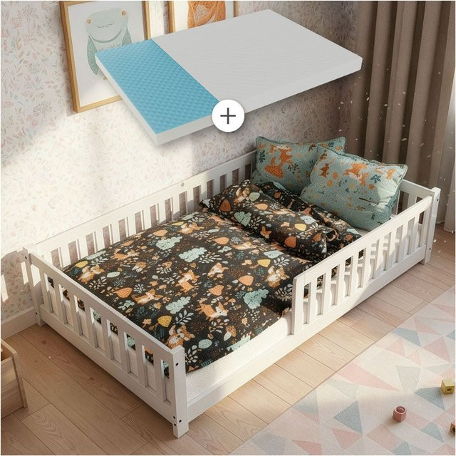 Juskys Kinderbett Naya Bodenbett aus Holz mit Matratze, Rausfallschutz und Lattenrost, Farbe Weiß, B/T/H: 120 x 200 cm - Bild 1