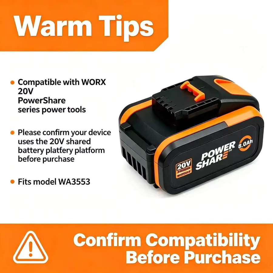Worx Ersatz Akku 20V 8000mAh Lithium-Ionen für Elektrowerkzeuge WA3551 WA3551.1 WA3553 WA3641 WX373 - Bild 6