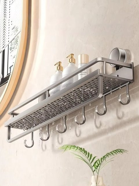 YUNJIEYA Badezimmerregal aus Aluminium in Silber Matt, Wandmontage ohne Bohren mit Saugnapf oder Kleber, Organizer für Bad und Toilette, B/T/H: 30 x 30 x 30 cm - Bild 1