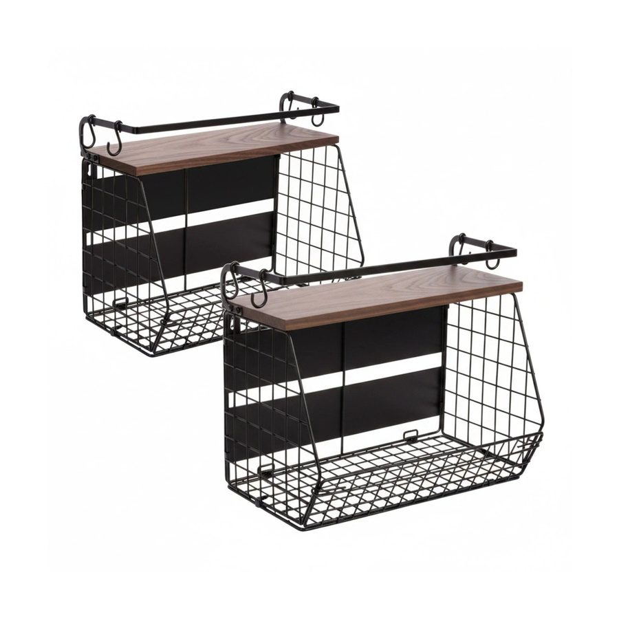 Relaxdays Obstkorb Wandregal 2er Set aus Eisen und Gummiholz mit Gitter-Design, B/T/H: 30 x 35,5 x 21 cm - Bild 2
