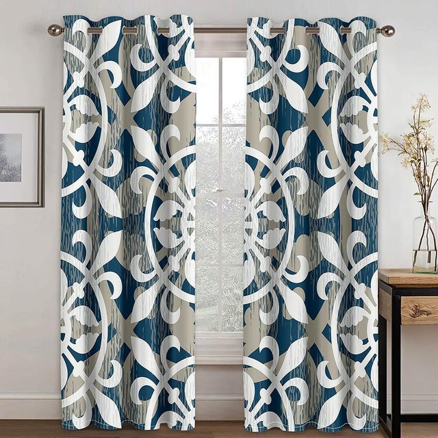 Luxuriöser Jacquard-Vorhang mit grafischem Muster in Schwarz-Weiß-Blau von Your Warm Home, blickdicht mit Ösen, Breite: 132 cm, Höhe: 160 cm - Bild 1