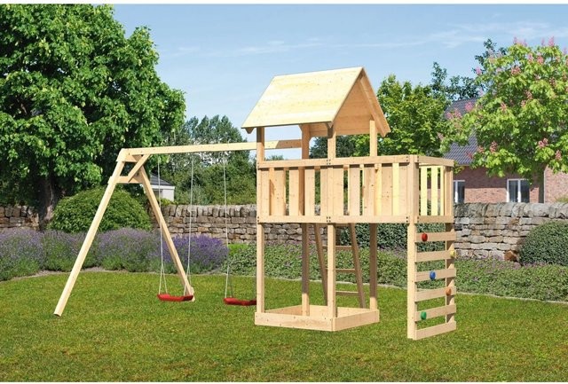 Karibu Spielturm Lotti mit Doppelschaukel, Anbauplattform und Kletterwand - Bild 1