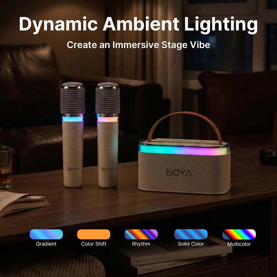 BOYA KM6 Kabellose Karaoke-Maschine mit 2 Mikrofonen, tragbarer Bluetooth-Lautsprecher mit RGB-Licht in Weiß - Bild 3