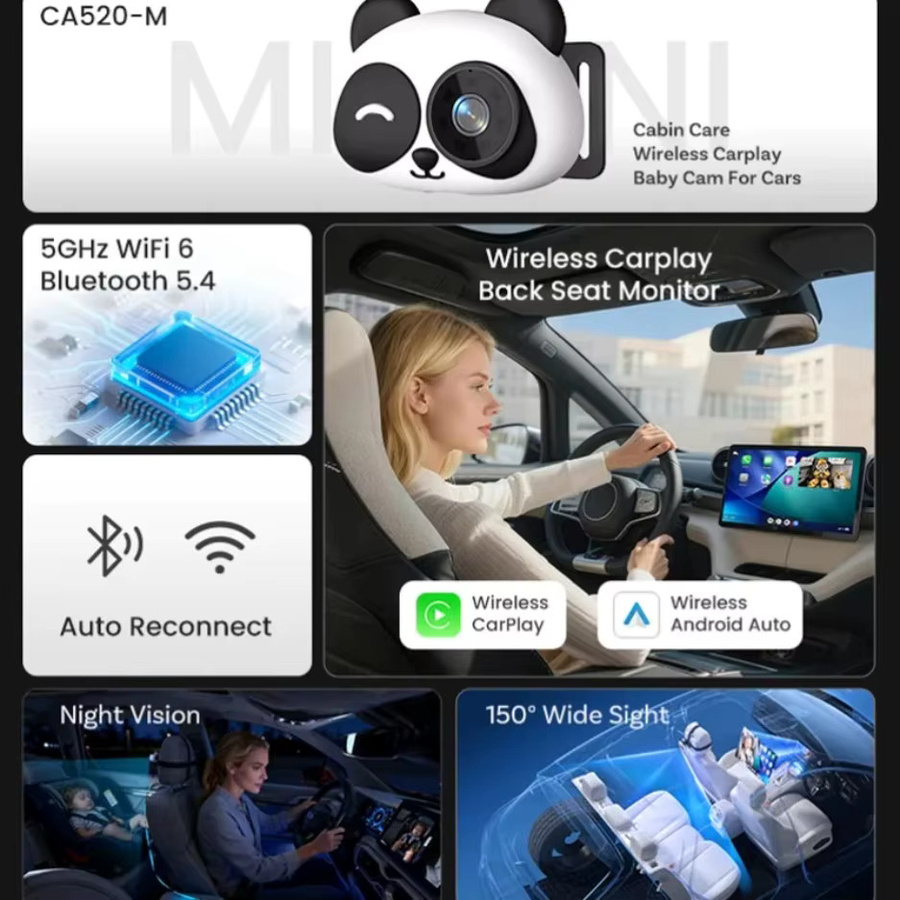 Cabin Care Kabelloser CarPlay-Adapter mit 1080P HD Baby-Autokamera, 150 Grad Weitwinkel und Nachtsicht, Weiß - Bild 4