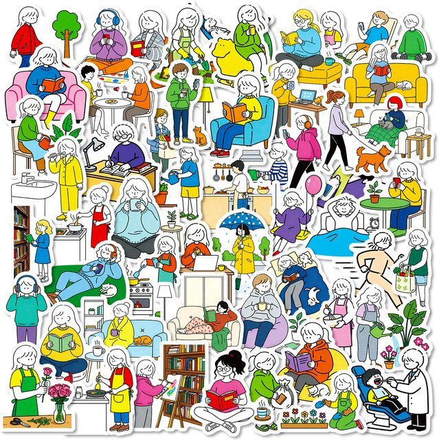 56 oder 112 Stück minimalistische Doodle Aufkleber mit Life Running Reading Themen in Multicolour für Schreibwaren und Dekoration - Bild 1