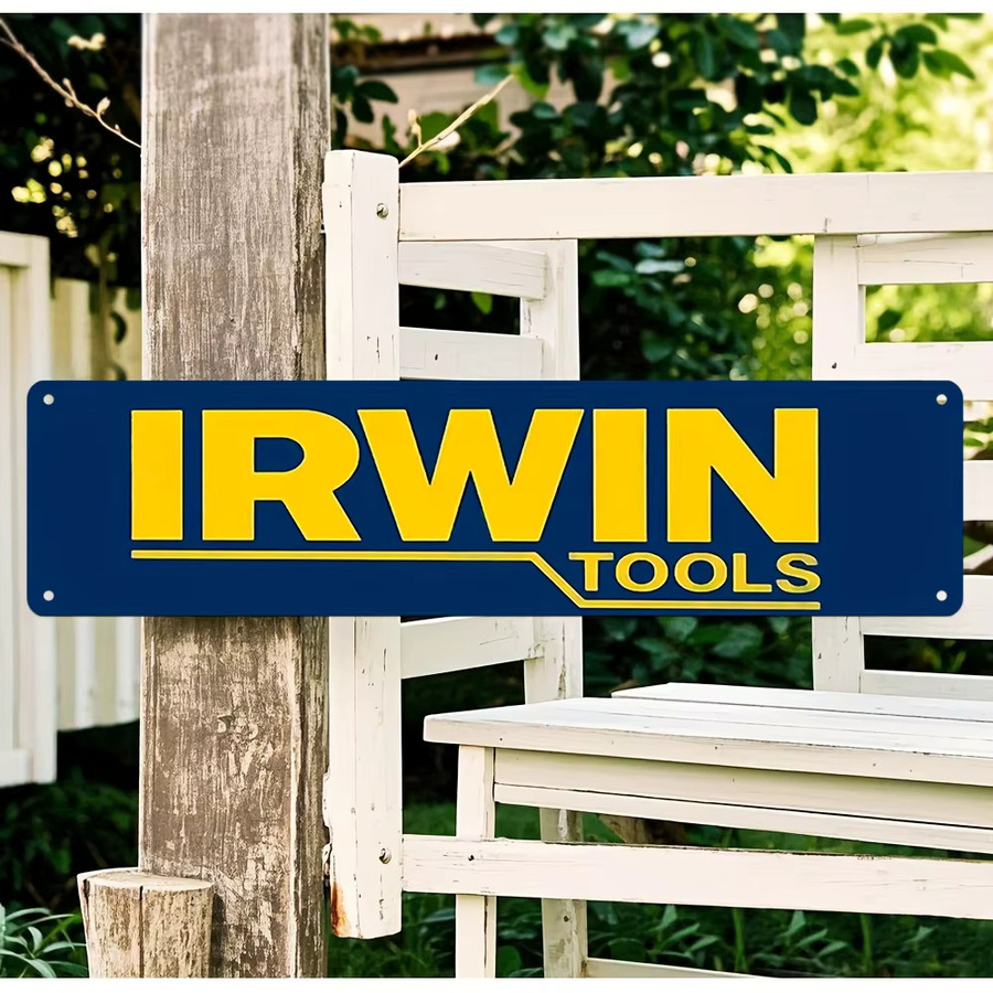 Vintage IRWIN Tools Aluminiumschild als rustikale Wanddekoration in Gelb und Blau - Bild 6