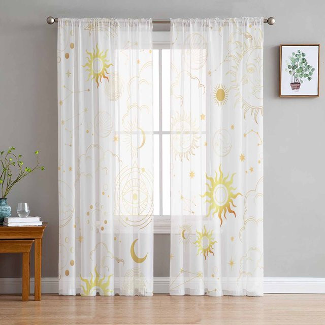 Transparente Tüll Vorhänge mit Sternen, Mond und Sonne in Weiß, Organza-Gardinen für Wohnzimmer und Küche, B: 135 cm, H: 137 cm - Bild 1