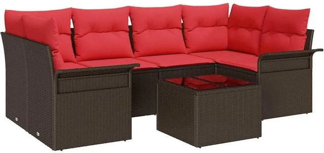 vidaXL Gartensofa-Set aus Poly-Rattan mit 7-teiligem Zubehör in Beige und Rot mit wetterfesten Kissen und pulverbeschichtetem Stahlgestell - Bild 1
