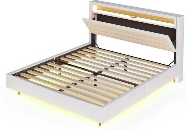 Merax Polsterbett mit Lift-up-Funktion und LED-Beleuchtung sowie USB-Anschluss, Farbe: Beige, B/T/H: 160 x 200 x 106 cm - Bild 1