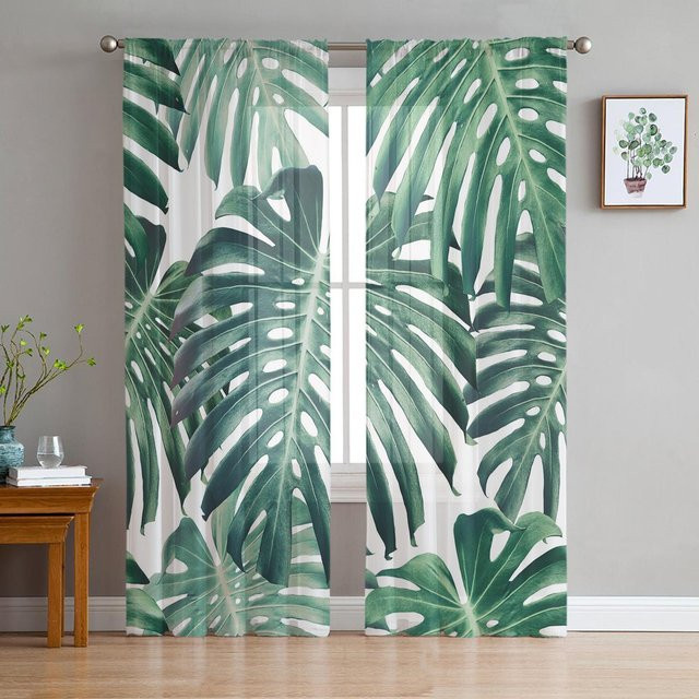Transparenter Tüll-Voile-Vorhang mit grünem Schildkröten- und Palmenblatt-Design, Farbe: Grau/Transparent, Breite: 135 cm, Höhe: 115 cm - Bild 1