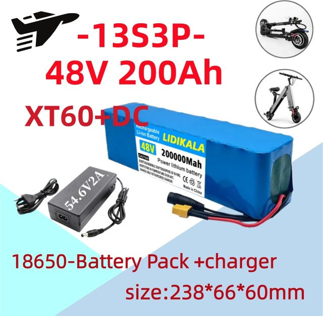 Ddadache Lithium-Akku für E-Scooter und Elektrofahrräder, 1000 W, 48 V, 13S3P, 100000 mAh, Blau, inklusive BMS und 54,6 V Ladegerät - Bild 1