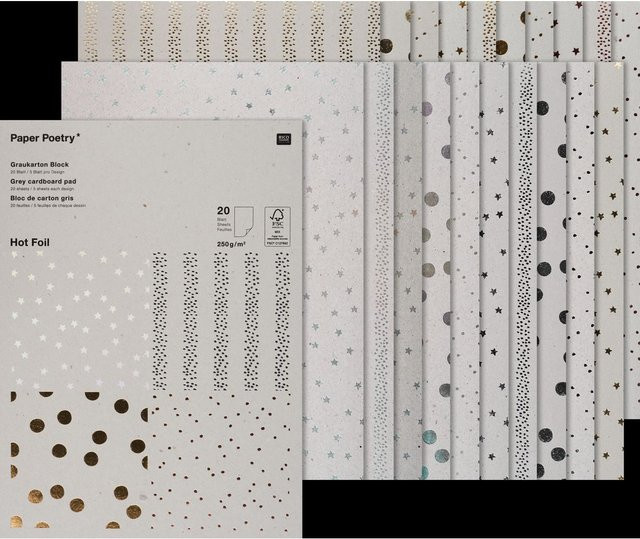 Rico Design Paper Poetry Motivblock Graukarton mit Hot Foil Prägung, 20 Blatt, A4, 250 g/m² - Bild 1