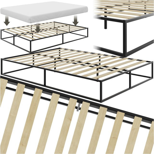 tectake Bett Kyoto Plattformgestell aus Stahl mit Lattenrost aus Pappelholz in Schwarz, B/T/H: 200 x 140 x 25,5 cm - Bild 2