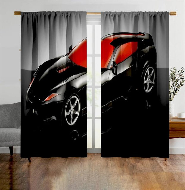 Yiran Furniture Vorhang Set mit Rennwagen und Motorrad Motiv, schwarz, semi-transparent, 2 Stück, B: 60 cm, H: 60 cm - Bild 1