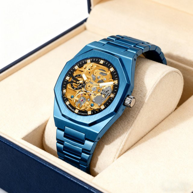MEIRUIQI Armbanduhr Automatik, Edelstahl, Blau, Eckig, Herren - Bild 1