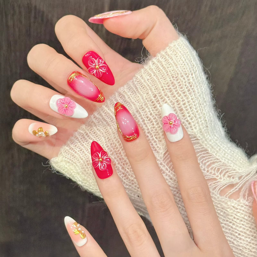 YADORNOS Künstliche Nägel, rot-rosa Farbverlauf, glänzend, 10 Stück - Bild 3
