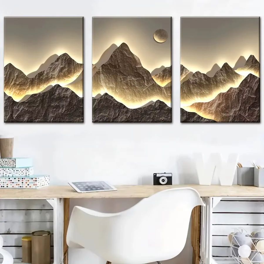 3-teiliges rahmenloses Leinwandposter mit modernem Bergmotiv in Gold und Weiß - Bild 3
